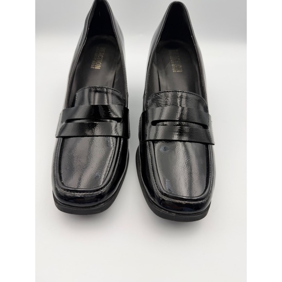 Kenneth Cole Reaction Shoes - Kenneth Cole Reaction Womens Black Patent Block Heel Penny Loafers Square Toe